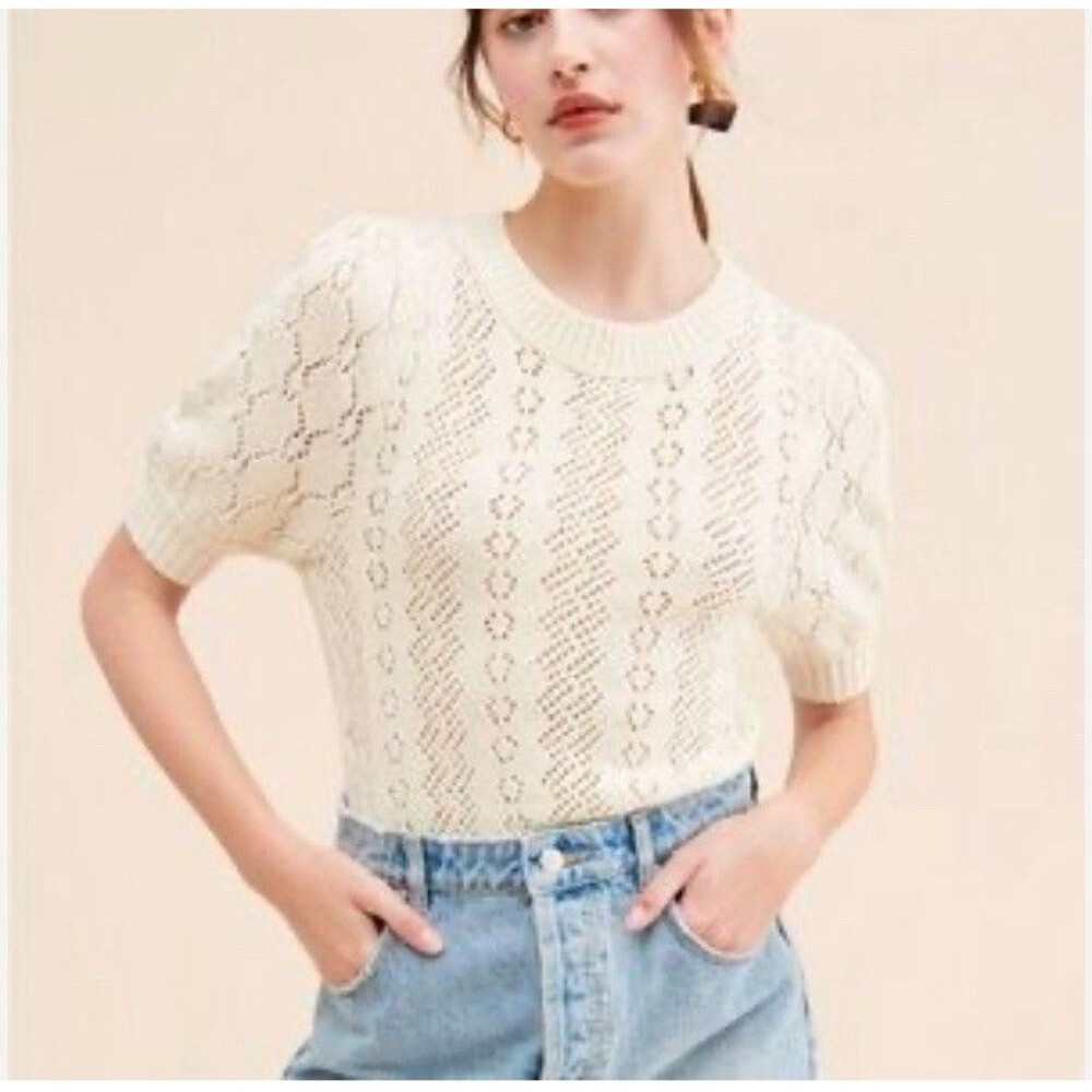 Free People W Sz M Lace Open Knit Sweater  Cream Coquette Puff 3/4 Sleeve Spring
